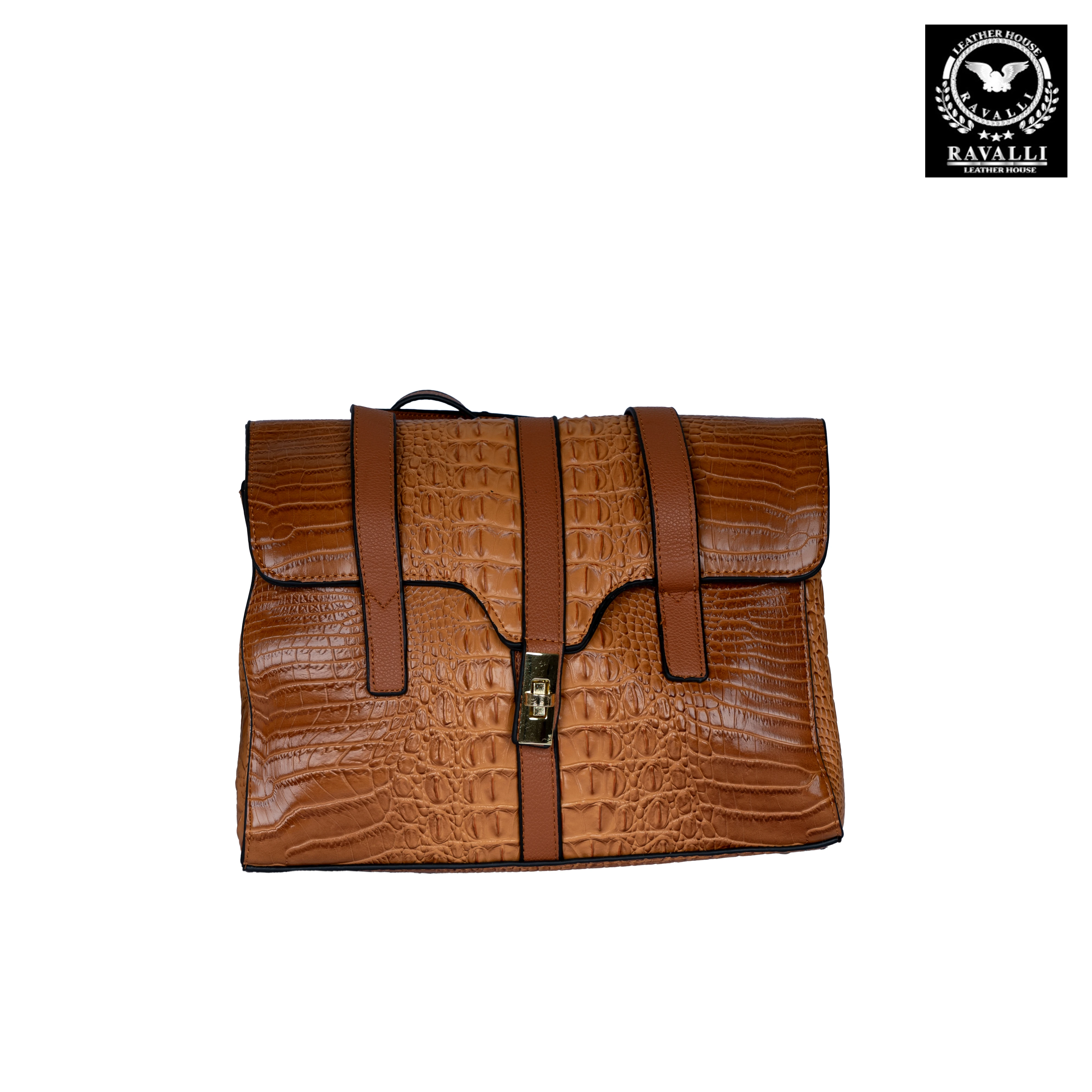 Classic Croc-Pattern Handbag with Gold Lock & Twin Straps