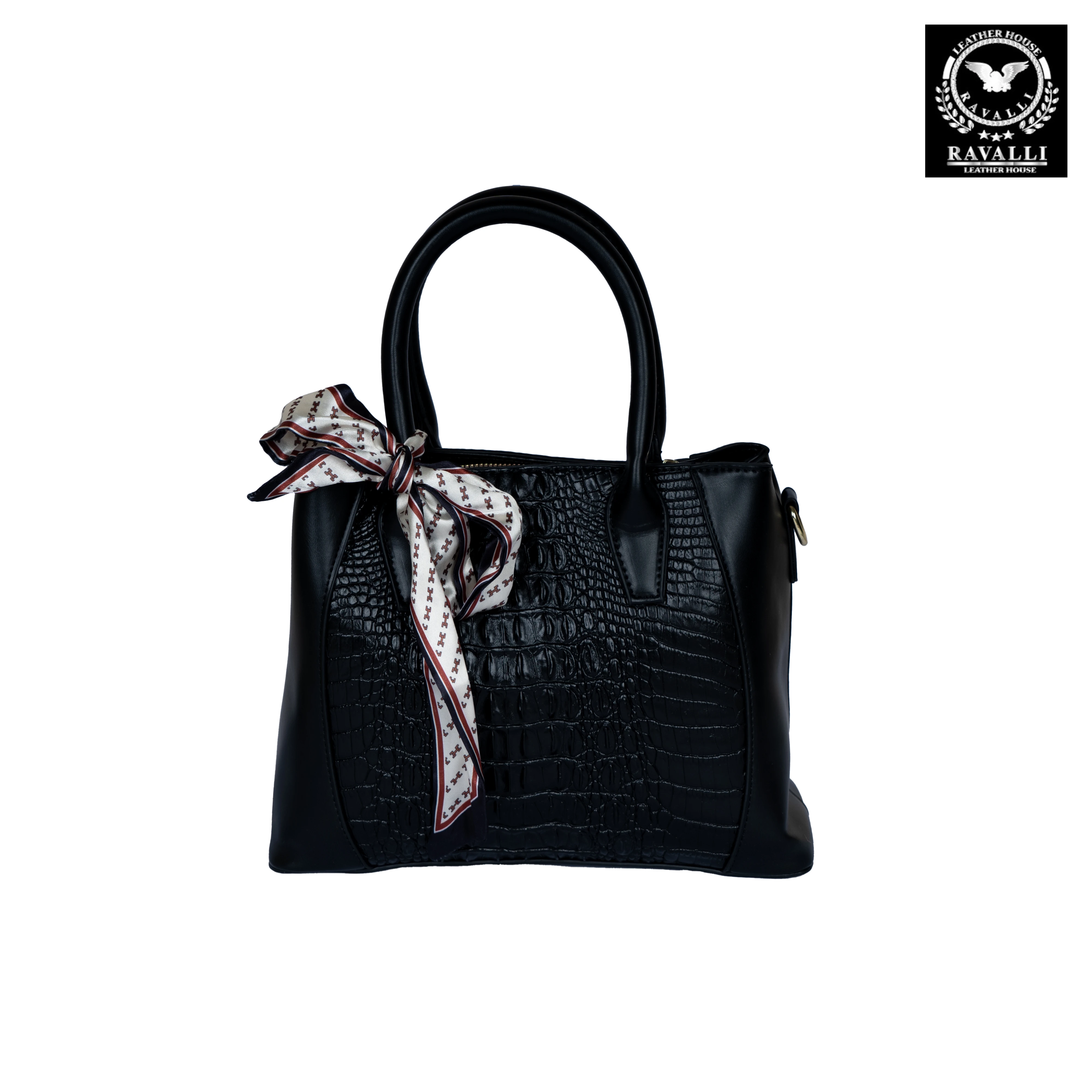 Luxury Croc-Embossed Handbag with Silk Scarf Accent