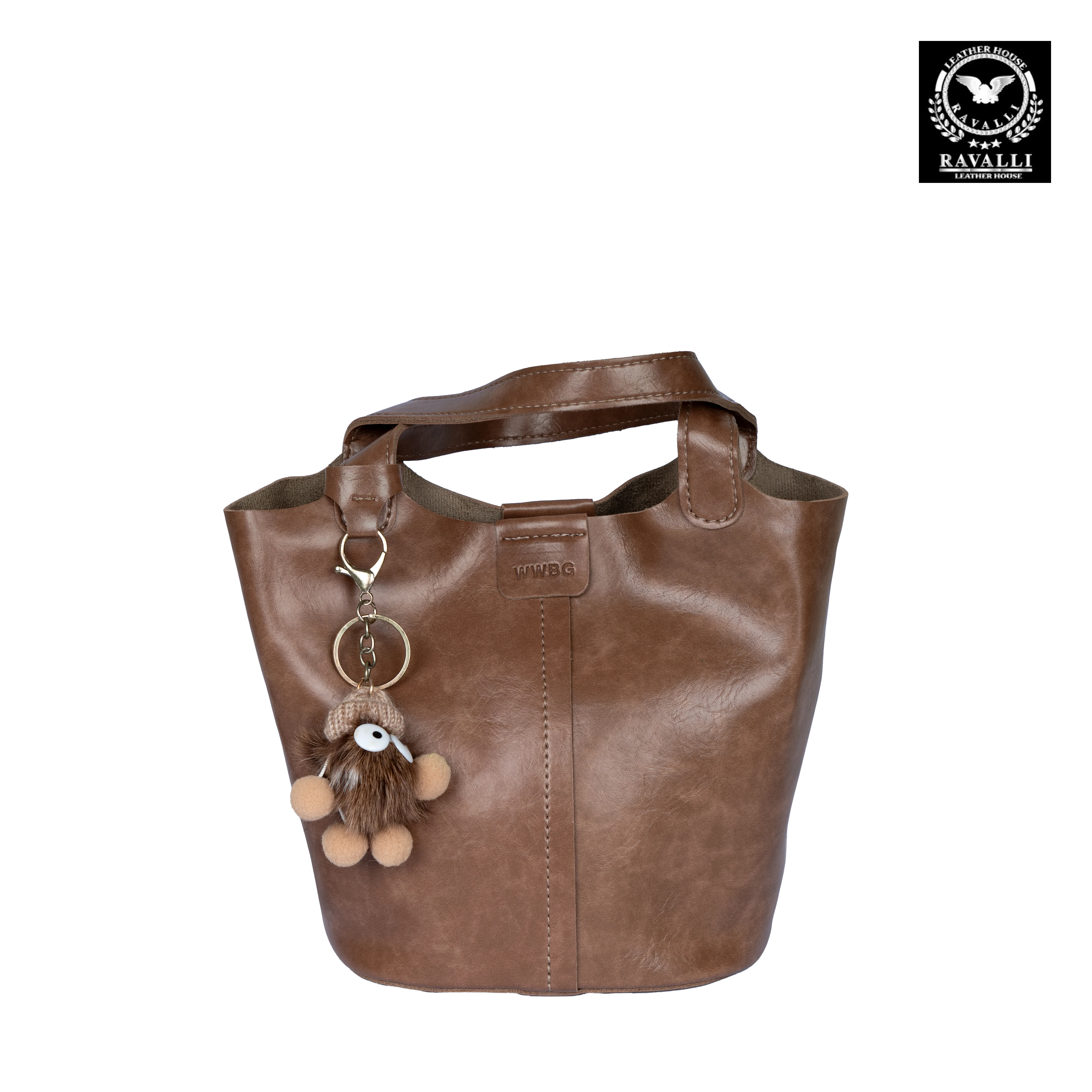 Casual Leather Handbag with Fun Fluffy Keychain