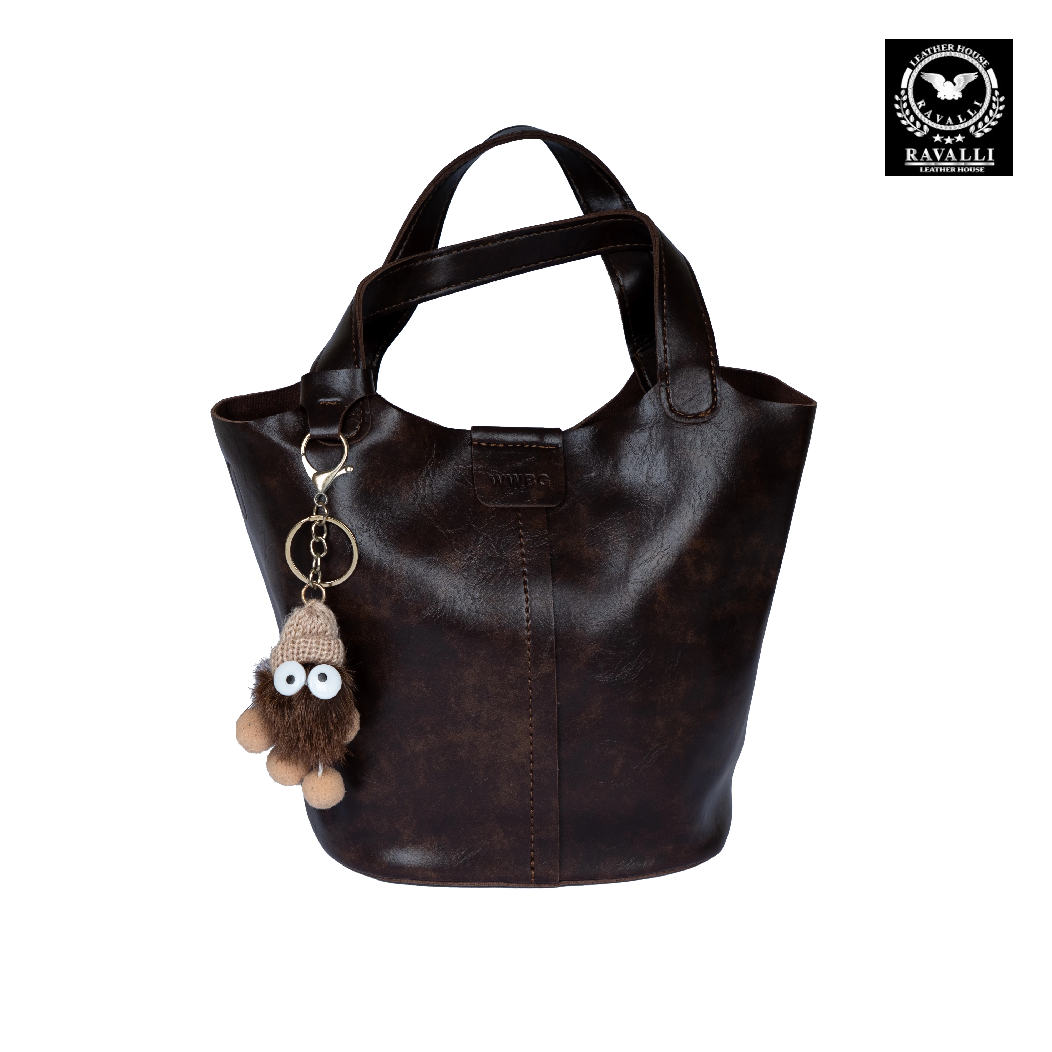 Casual Leather Handbag with Fun Fluffy Keychain