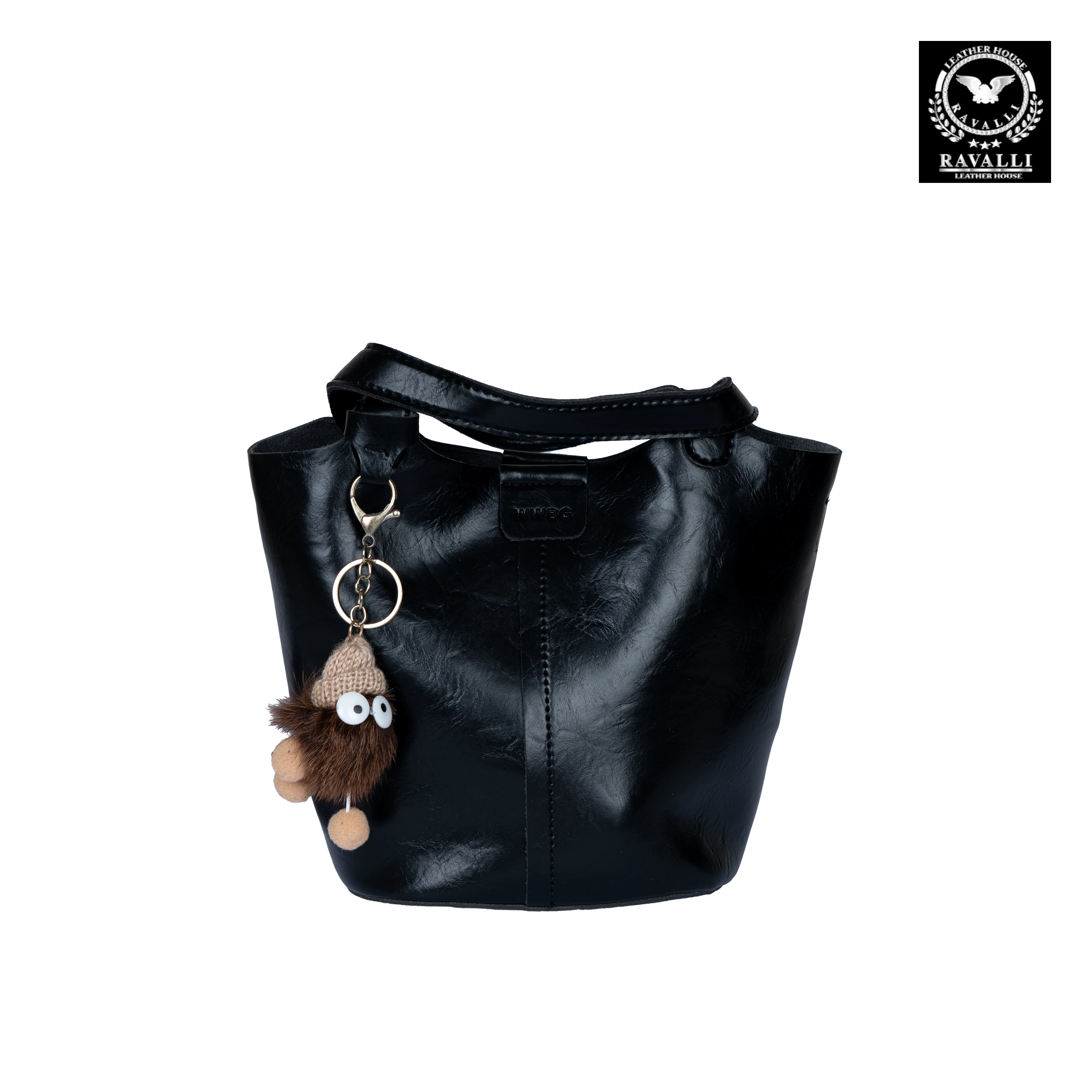Casual Leather Handbag with Fun Fluffy Keychain